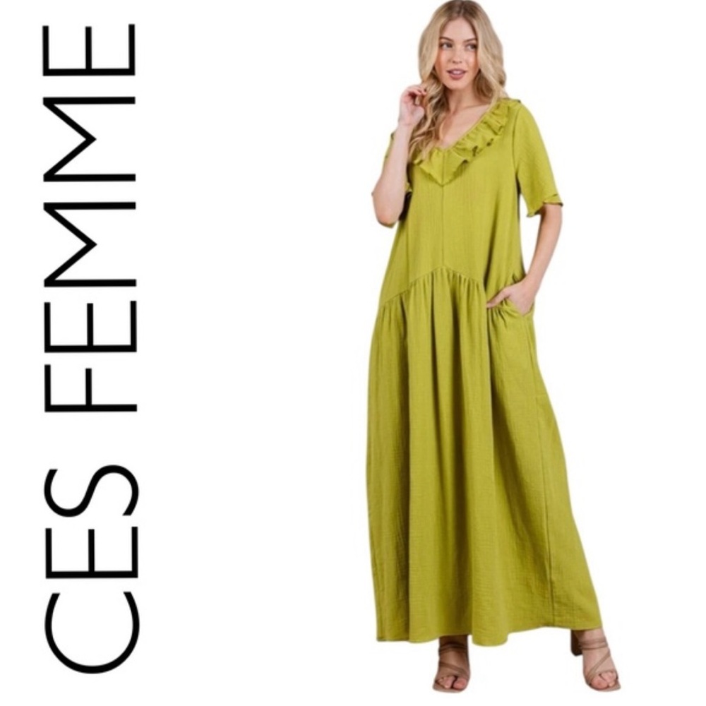 Ces Femme Lime Green Ruffle Maxi Dress
